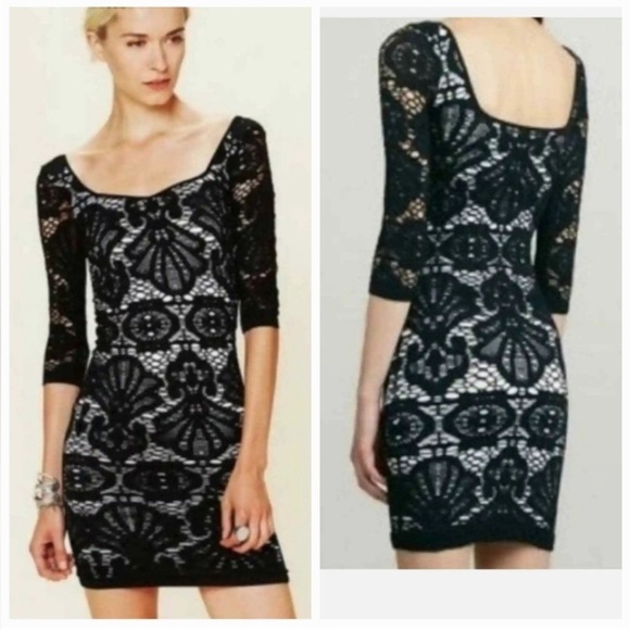 Intimately Free People Lace Black White Long Sleeve Medallion Bodycon Mini Dress - Picture 2 of 8